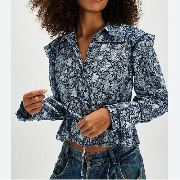 #50 NWT Free People Daybreak Printed Blouse in Chambray Combo - Picture 1 of 5